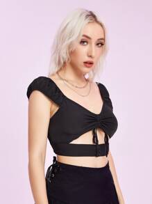 ROMWE Solid Drawstring Crop Top - Black - View 3