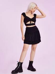ROMWE Solid Drawstring Crop Top - Black - View 4