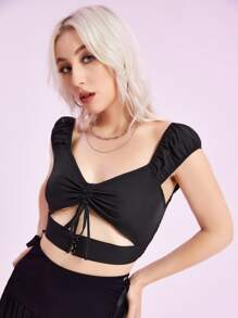 ROMWE Solid Drawstring Crop Top - Black - View 5