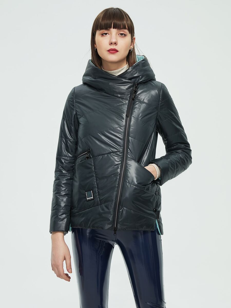 Letter Patch Zip Up Áo khoác có mũ trùm đầu - Màu xám đen - Xem 1