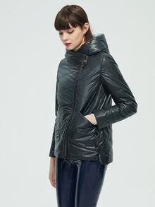 Letter Patch Zip Up Áo khoác có mũ trùm đầu - Màu xám đen - Xem 2