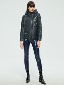 Letter Patch Zip Up Áo khoác có mũ trùm đầu - Màu xám đen - Xem 3