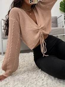 SHEIN Unity Jersey de manga farol con cordón fruncido delantero - Rosa coral - Ver 1