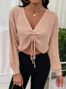 SHEIN Unity Jersey de manga farol con cordón fruncido delantero - Rosa coral - Ver 3