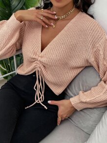 SHEIN Unity Jersey de manga farol con cordón fruncido delantero - Rosa coral - Ver 4