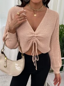 SHEIN Unity Jersey de manga farol con cordón fruncido delantero - Rosa coral - Ver 5