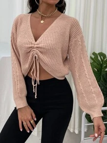 SHEIN Unity Jersey de manga farol con cordón fruncido delantero - Rosa coral - Ver 6