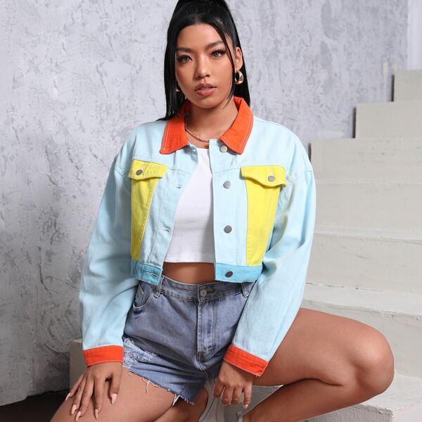 

Plus Color-block Flap Detail Denim Jacket, Multicolor