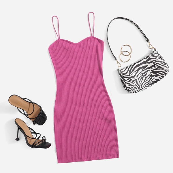

Rib-knit Solid Bodycon Dress, Hot pink