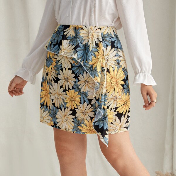 

Plus Floral Print Ruffle Trim Skirt, Multicolor