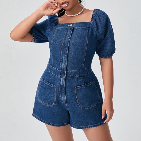 

Plus Square Neck Puff Sleeve Denim Romper, Dark wash