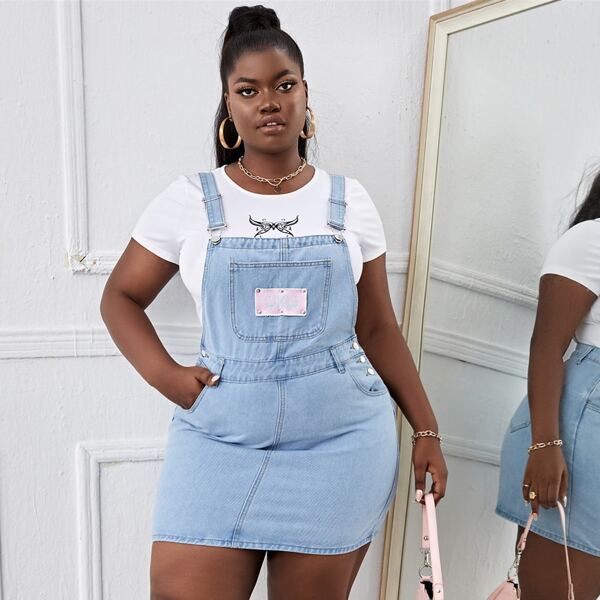 

Plus Patched Detail Button Side Overall Denim Dress, Light wash
