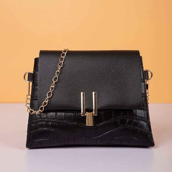 

Minimalist Metal Decor Croc Embossed Flap Square Bag, Black