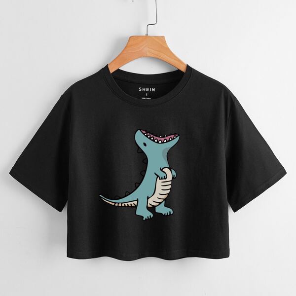

Cartoon Print Round Neck Crop Tee, Black