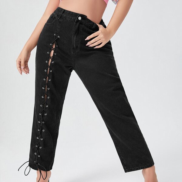 

Plus Lace Up Front Ripped Jeans, Black
