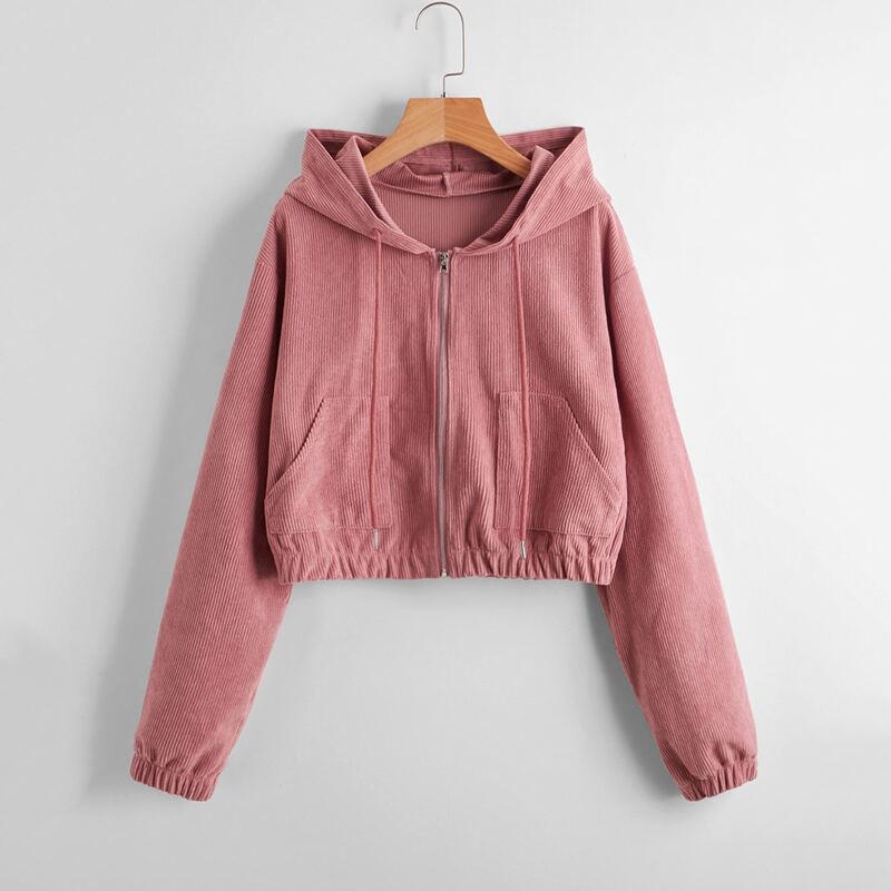 

Drawstring Corduroy Hooded Jacket, Dusty pink