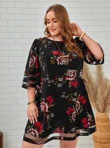 EMERY ROSE Plus Floral Print Contrast Mesh Tunic Dress
