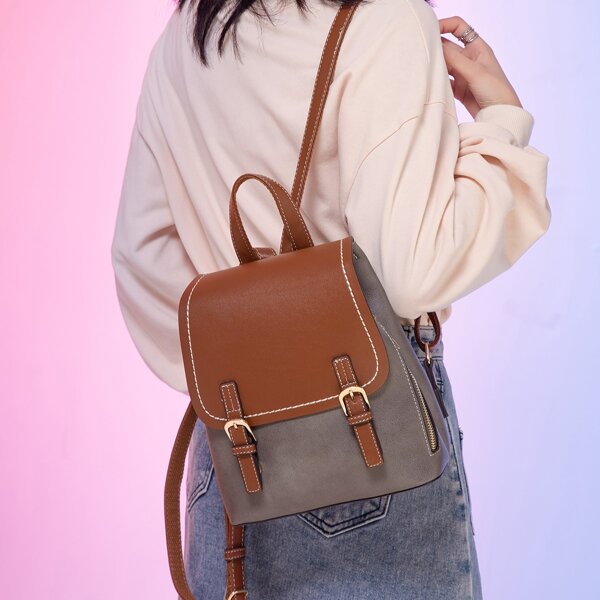 

Two Tone Buckle Detail Flap Backpack, Brown