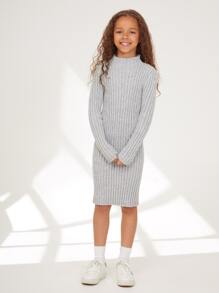 SHEIN Tween Girl Ribbed Knit Sweater Dress - Light Grey - View 3