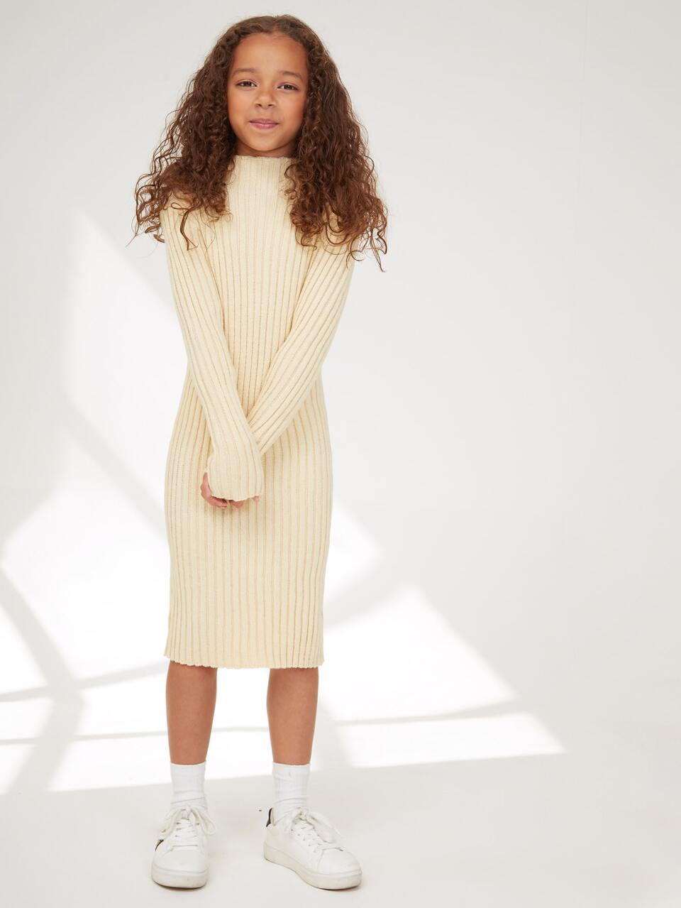 Tween Girls Turtleneck Ribbed Knee-Length Long Sleeve Sweater Dress, Suitable For Autumn/Winter