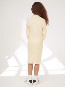 SHEIN 女童高领罗纹及膝长袖毛衣裙，适合秋冬季