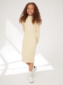 SHEIN 女童高领罗纹及膝长袖毛衣裙，适合秋冬季