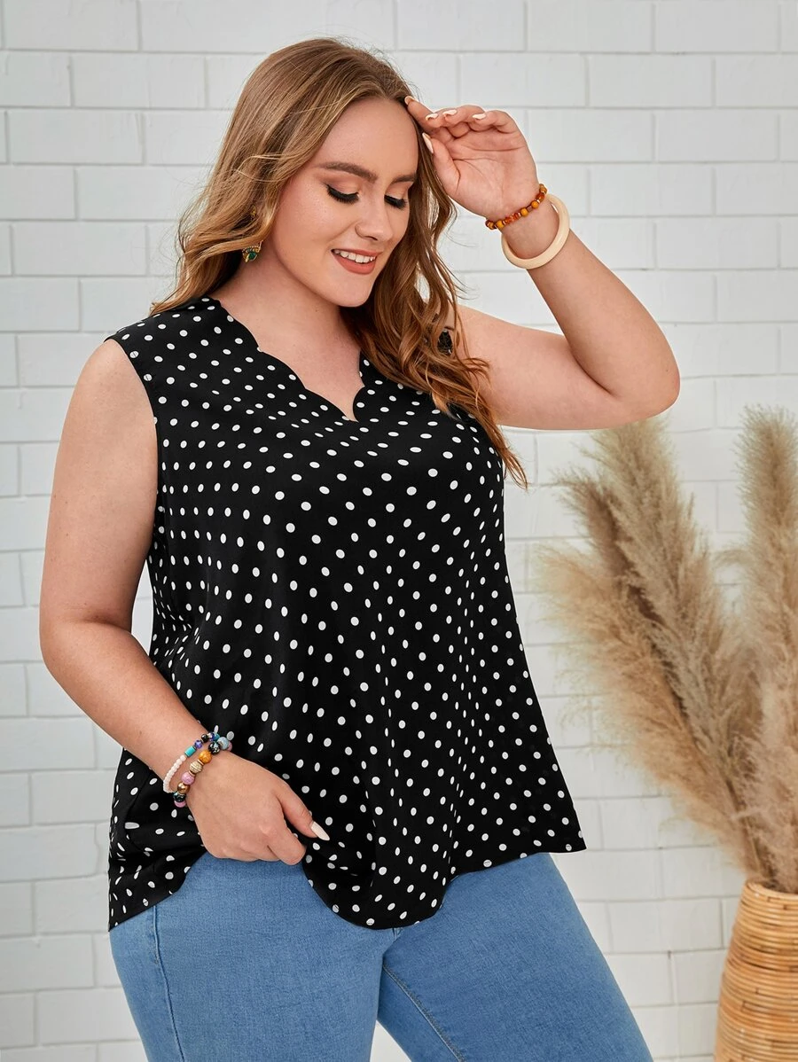 EMERY ROSE Áo hai dây Plus Size Sò điệp Chấm bi Boho - Đen và trắng - Xem 1