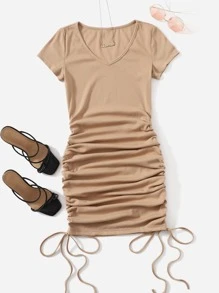 Muchica V-neck Drawstring Ruched Side Dress - Khaki - View 1