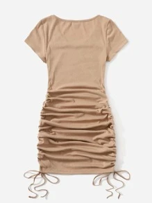 Muchica V-neck Drawstring Ruched Side Dress - Khaki - View 2