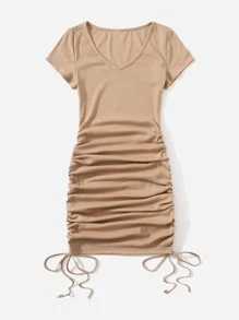 Muchica V-neck Drawstring Ruched Side Dress - Khaki - View 3