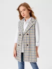 SHEIN 女孩格紋翻領背心外套