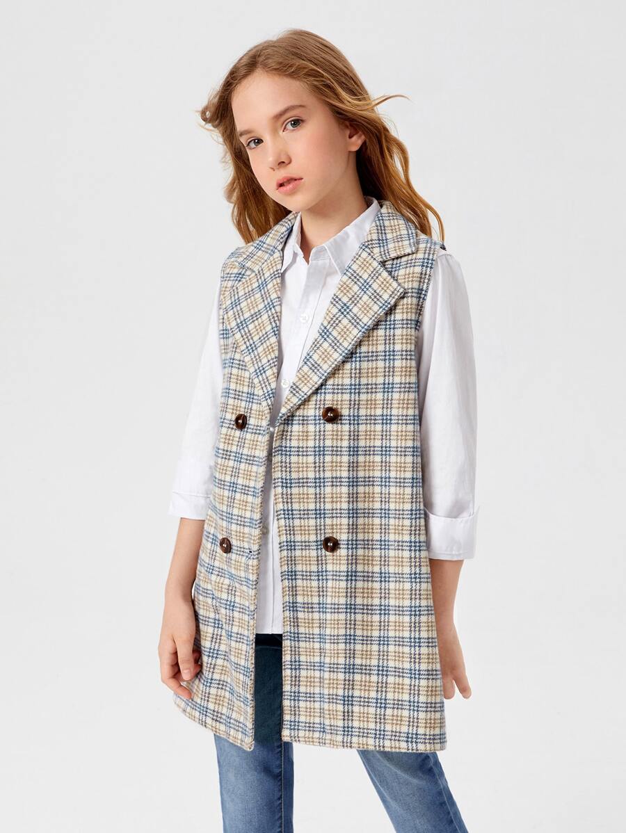 SHEIN 女孩格紋翻領背心外套