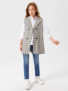 SHEIN 女孩格紋翻領背心外套