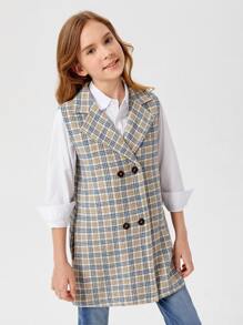SHEIN 女孩格紋翻領背心外套