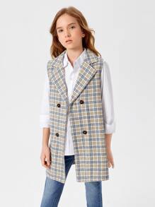 SHEIN 女孩格紋翻領背心外套