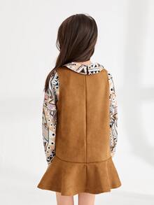 SHEIN Niñas unicolor bajo con fruncido Vestido & con estampado geométrico Top - Multicolor - Ver 2