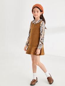 SHEIN Niñas unicolor bajo con fruncido Vestido & con estampado geométrico Top - Multicolor - Ver 3