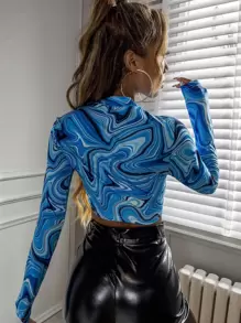 SHEIN Unity Marble Print Mock Neck Crop Tee Graphic Tees Women Tops Fall Cloth For Women - Multicolor - View 2