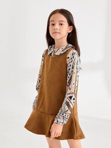 SHEIN Niñas unicolor bajo con fruncido Vestido & con estampado geométrico Top - Multicolor - Ver 4