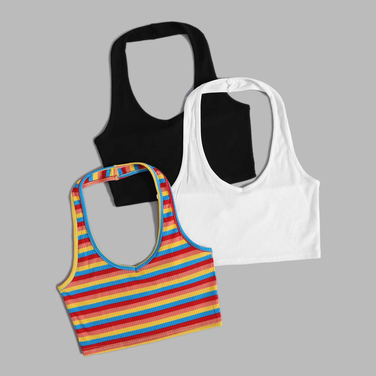 

2pcs Solid Halter Top & 1pc Striped Ribbed Halter Top, Multicolor