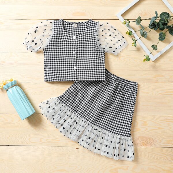 

Toddler Girls Contrast Dobby Mesh Sleeve Gingham Top With Skirt, Black and white