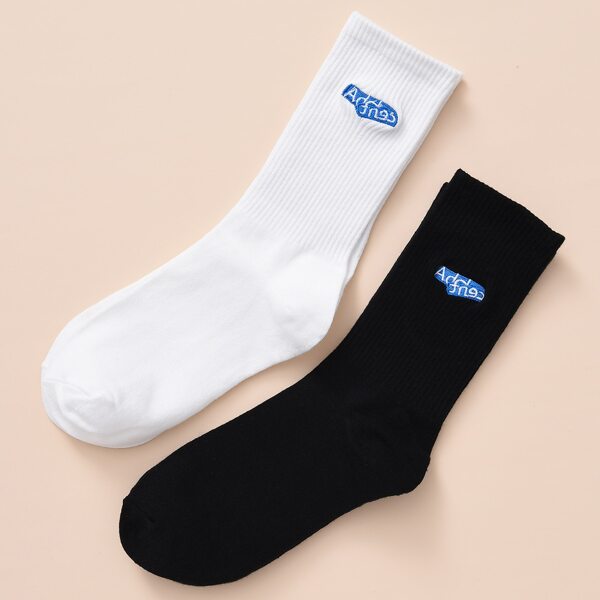 

2pairs Men Embroidery Crew Socks, Black and white