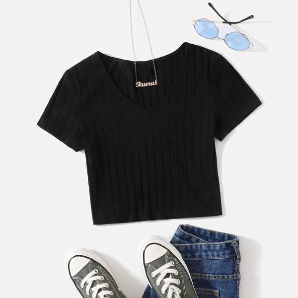 

V-neck Rib-knit Tee, Black
