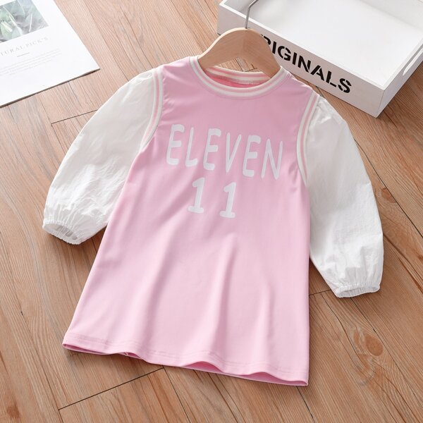 

Toddler Girls Letter Graphic Lantern Sleeve Dress, Baby pink