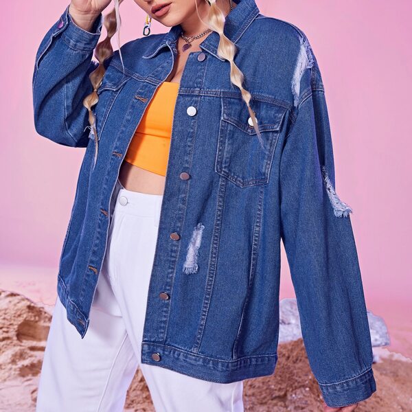 

Plus Flap Pocket Ripped Drop Shoulder Denim Jacket, Medium wash