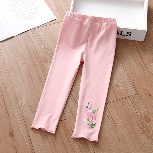 

Toddler Girls Flamingo Embroidery Lettuce Trim Leggings, Baby pink