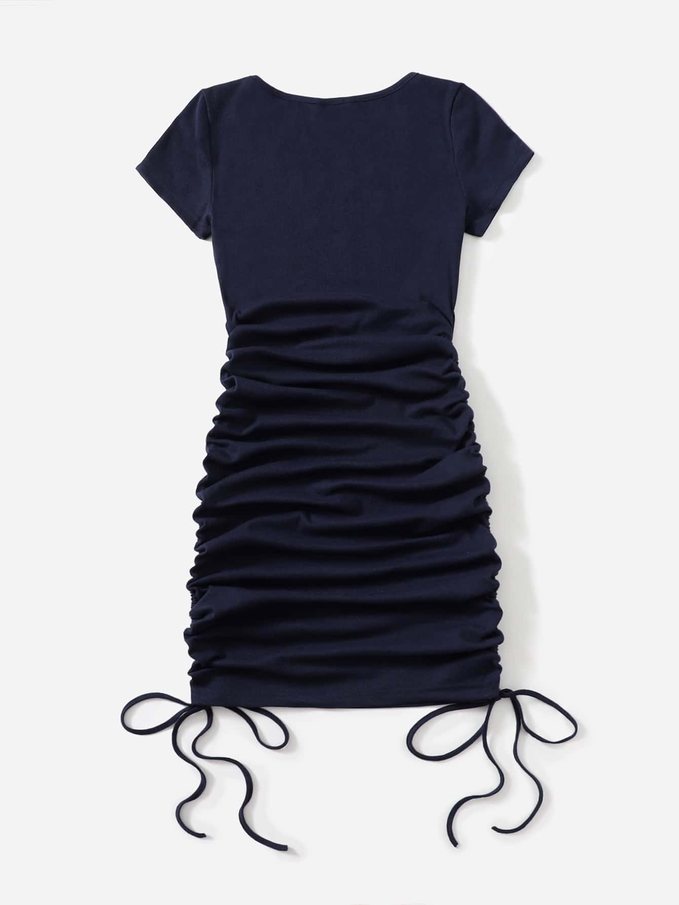 Muchica V-neck Drawstring Ruched Side Dress - Navy Blue - View 2