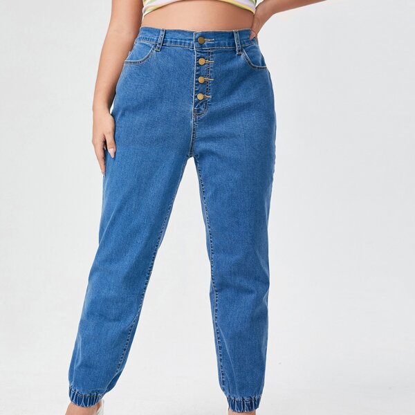

Plus High Waist Button Fly Jeans, Medium wash