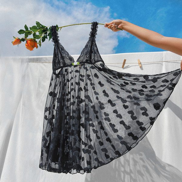 

Floral Applique Guipure Lace Bodice Mesh Nightdress, Black