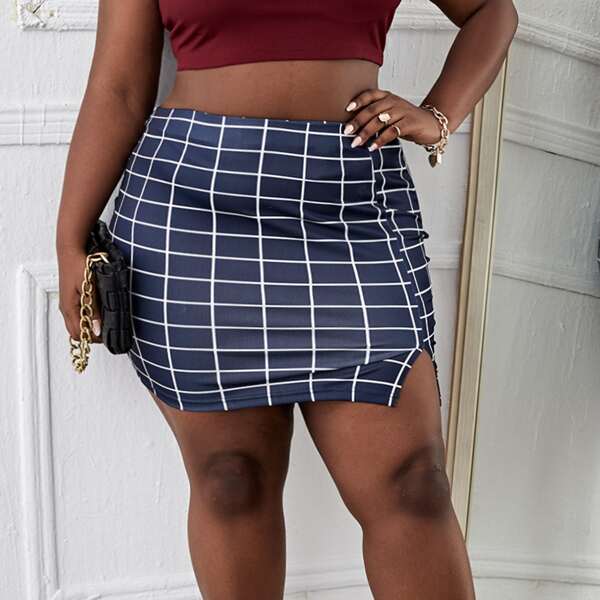 

Plus Plaid Slit Hem Skirt, Blue and white